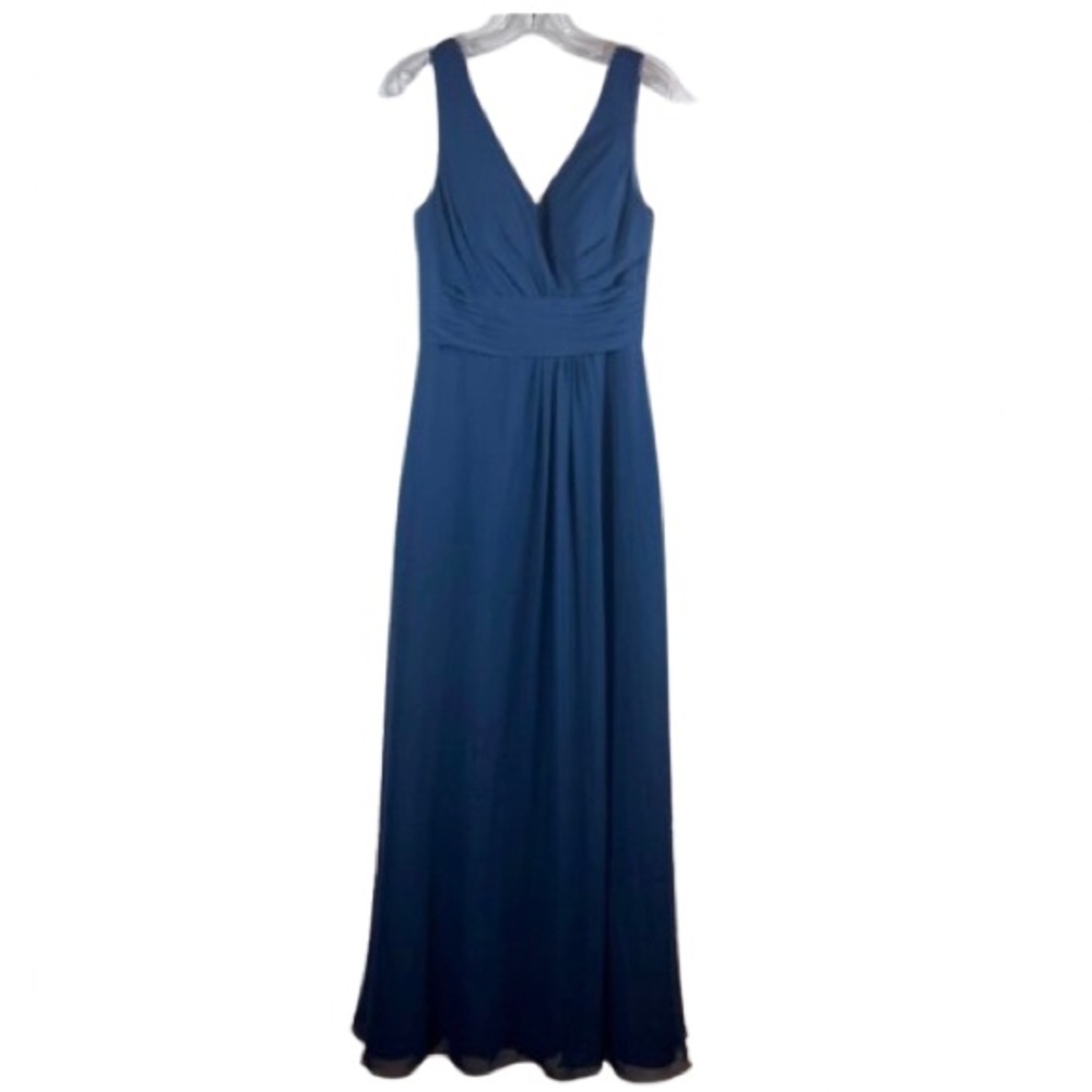 Azazie Karina Dark Blue Chiffon V-Neck Pleated Floor-Length Gown Size 6